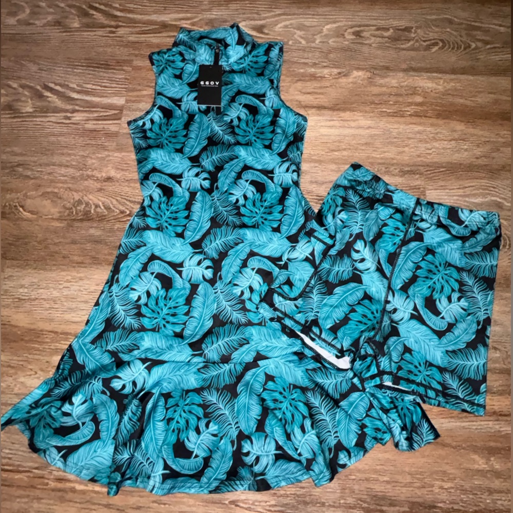 Black and Turquoise Leaf Print Active Dress with matching shorts 🪩